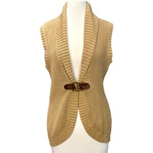 Lauren Ralph Lauren Sweater Vest Womens Medium Tan Shawl Collar Belted Knit